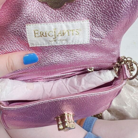 NWOT Eric Javits Pink Metallic Pebbled Leather Crossbody Bag Gold Chain Purse - Picture 9 of 11